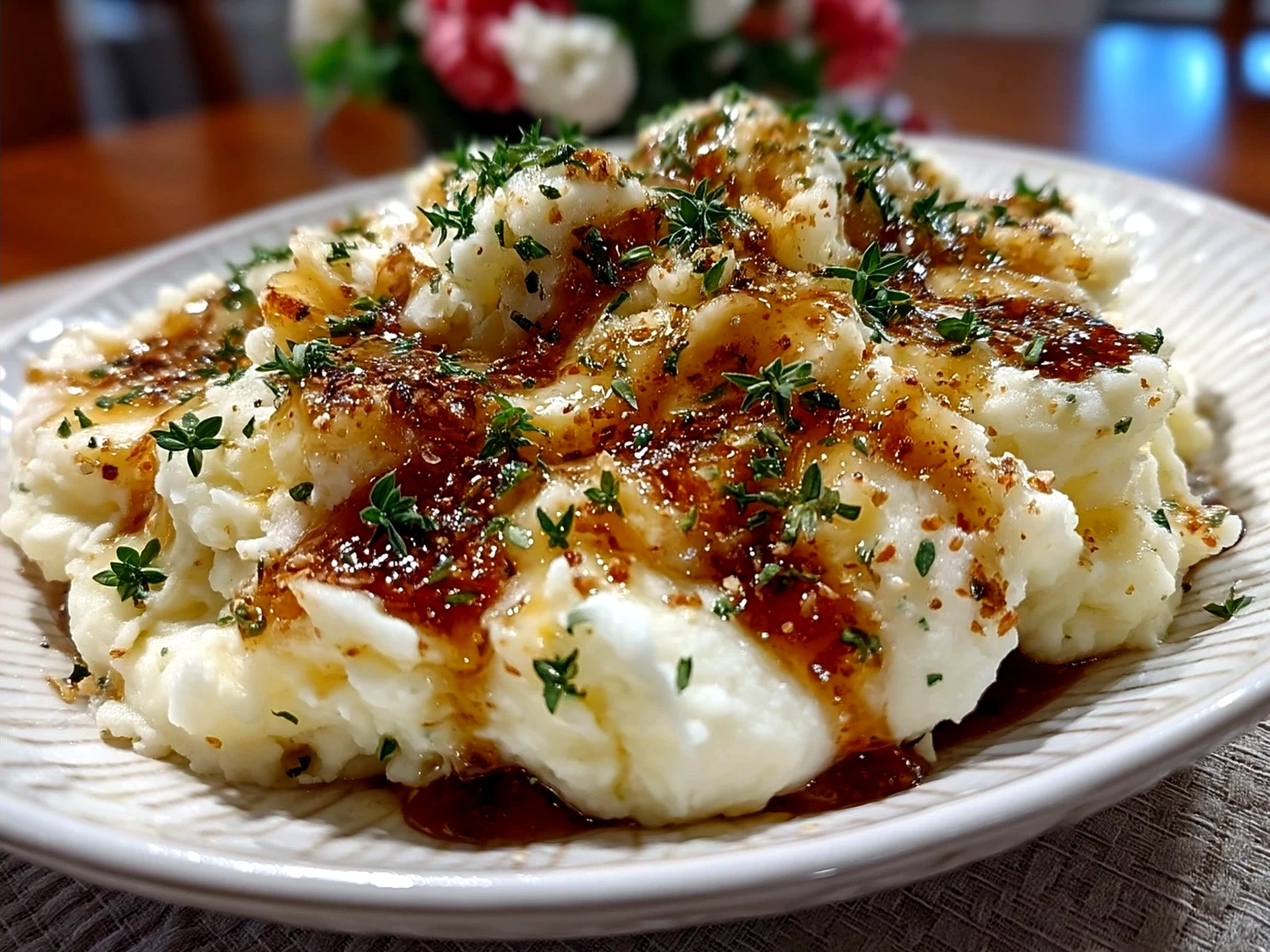 Serving bowl of creamy mashed potatoes topped with herbs and melted butter
