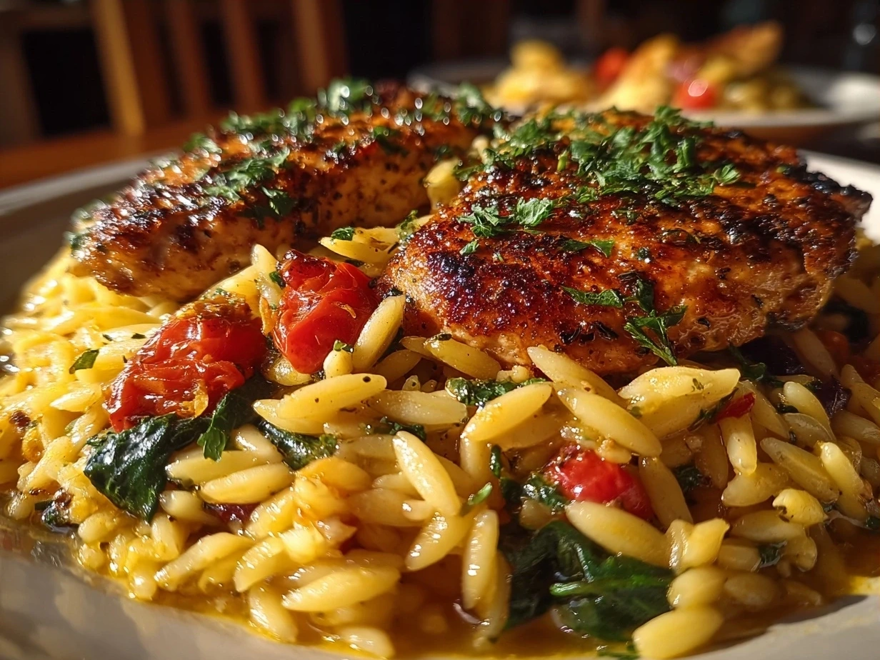 Mediterranean Chicken and Orzo served with fresh parsley and feta cheese