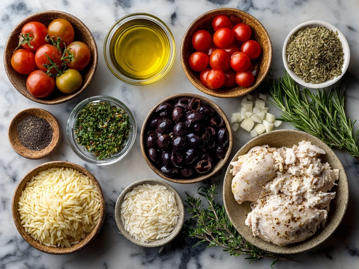 Ingredients for Mediterranean Chicken and Orzo including chicken, orzo, olive oil, garlic, onion, cherry tomatoes, chicken broth, feta cheese, parsley, lemon, and herbs