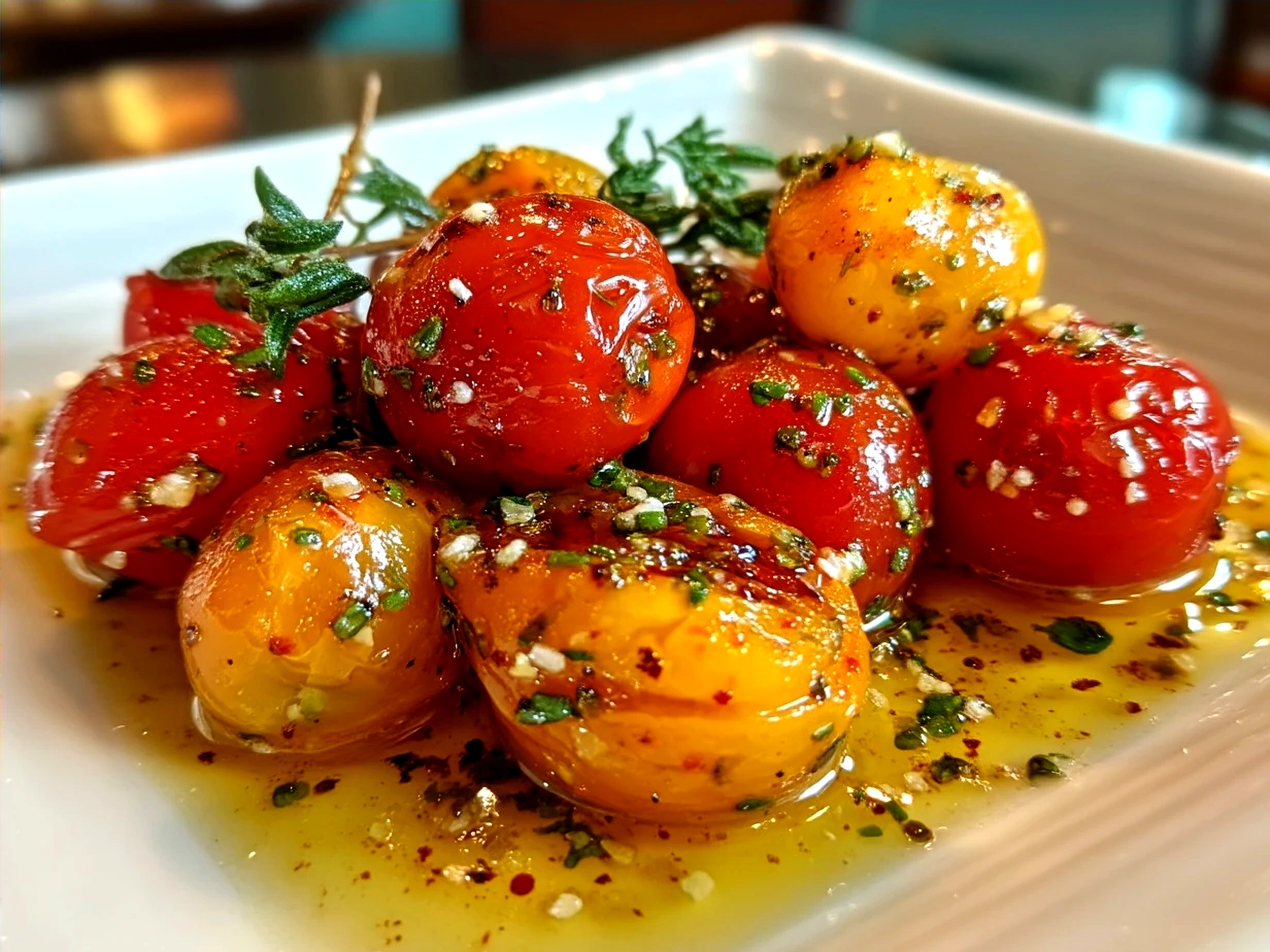 Serving Mediterranean Olive Cherry Tomato with fresh herbs on a plate ready to eat