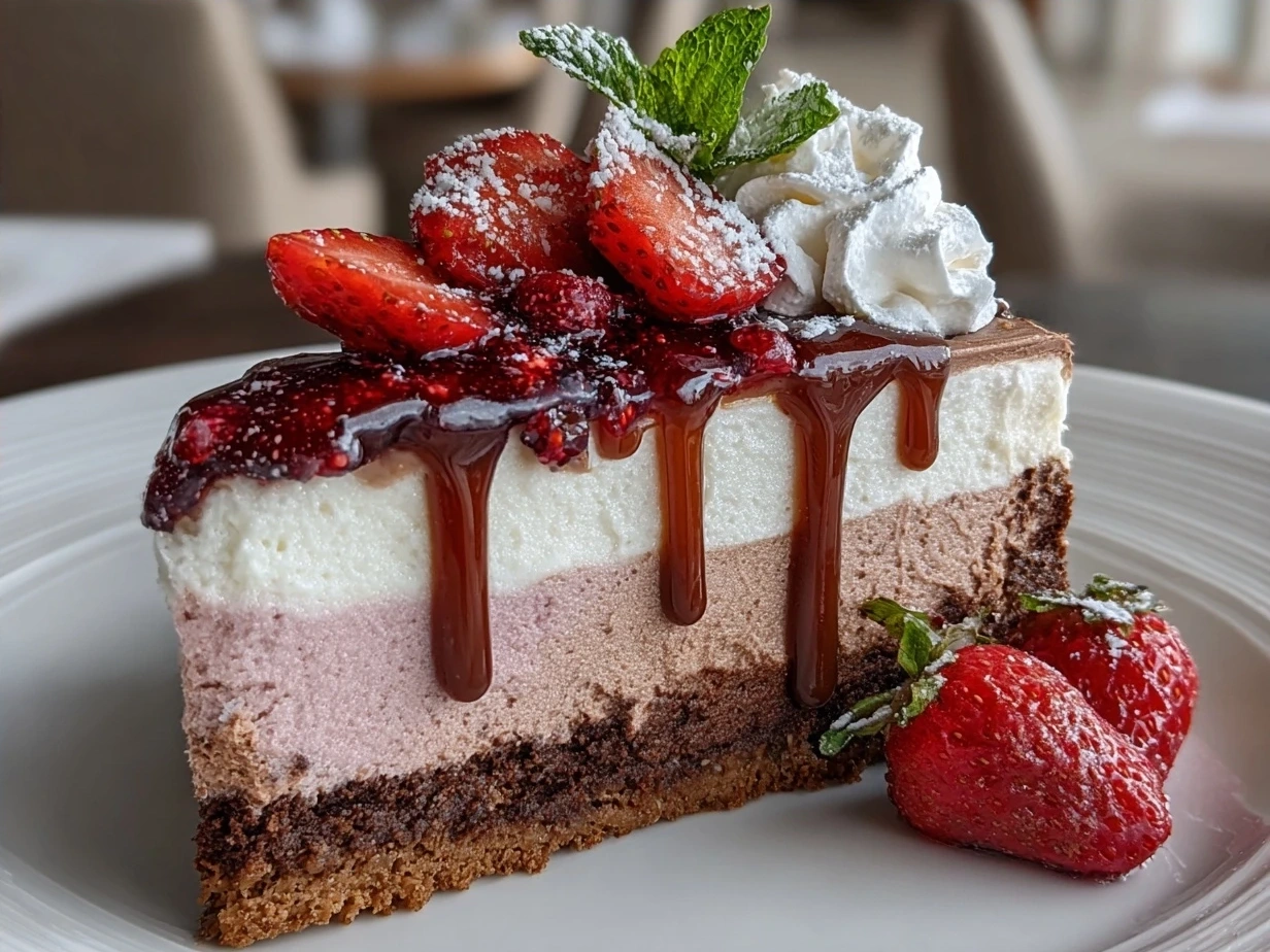 Neapolitan Mousse Cake served on a plate with fresh strawberries and chocolate shavings