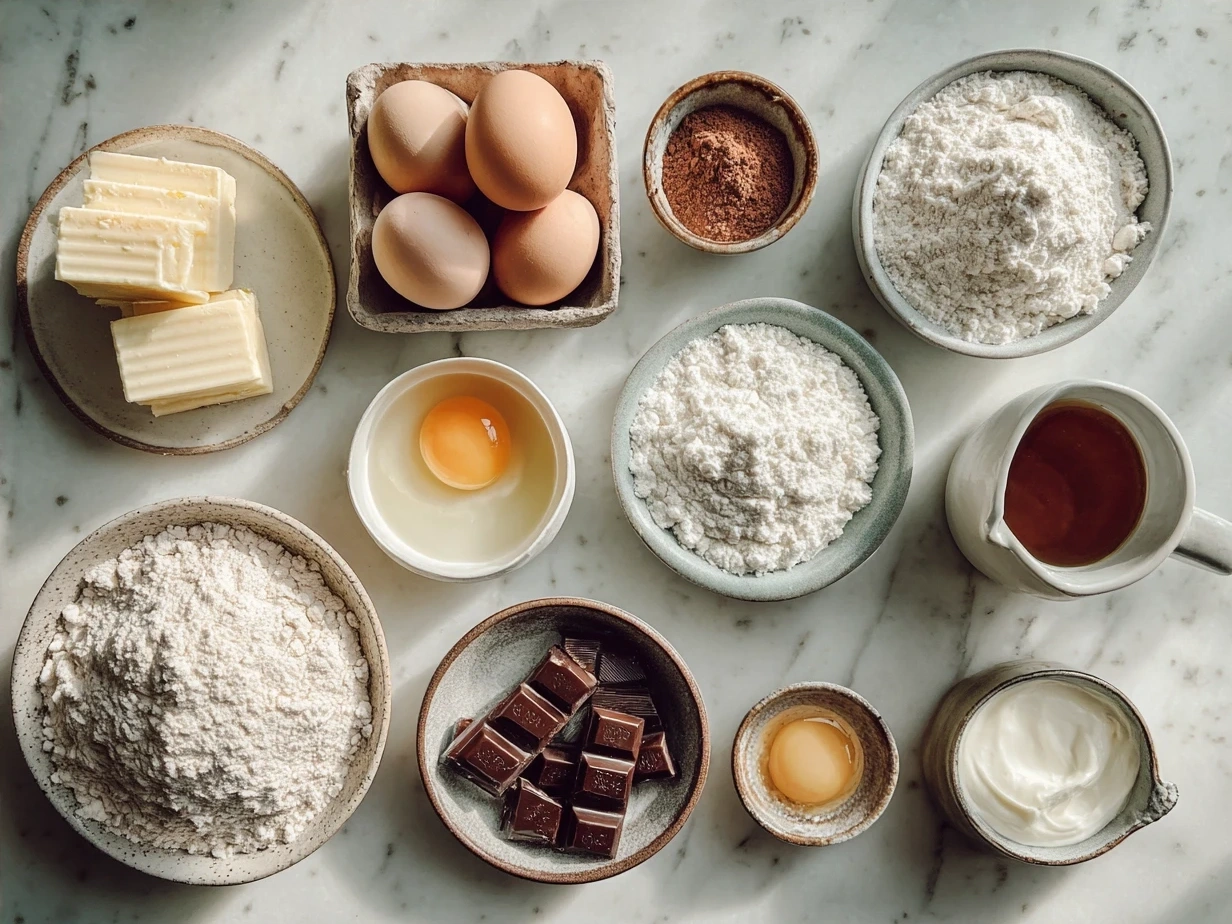 Ingredients for Neapolitan Mousse Cake including cream cheese, heavy cream, sugar, gelatin, cocoa powder, strawberry puree, and ladyfinger cookies