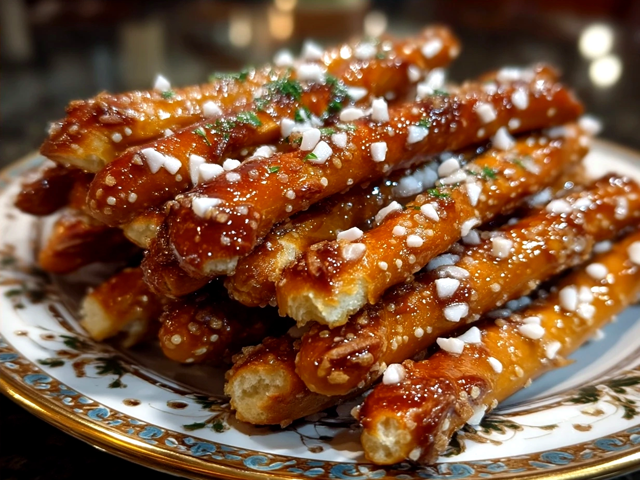 No-Bake Christmas Pretzel Sticks decorated with red and green chocolate drizzles and sprinkles arranged on a festive platter