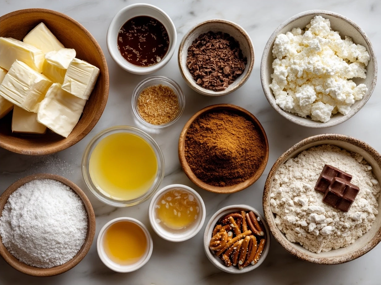 Ingredients for No-Bake Christmas Pretzel Sticks including pretzel rods, white chocolate chips, red and green candy melts, and festive sprinkles