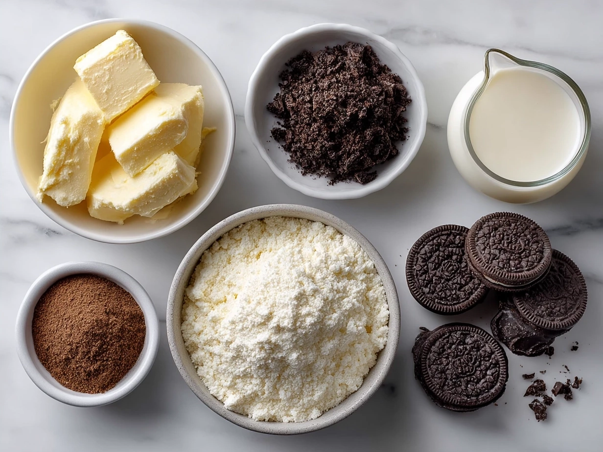 Ingredients for No-Bake Oreo Cheesecake Bites laid out on a kitchen counter