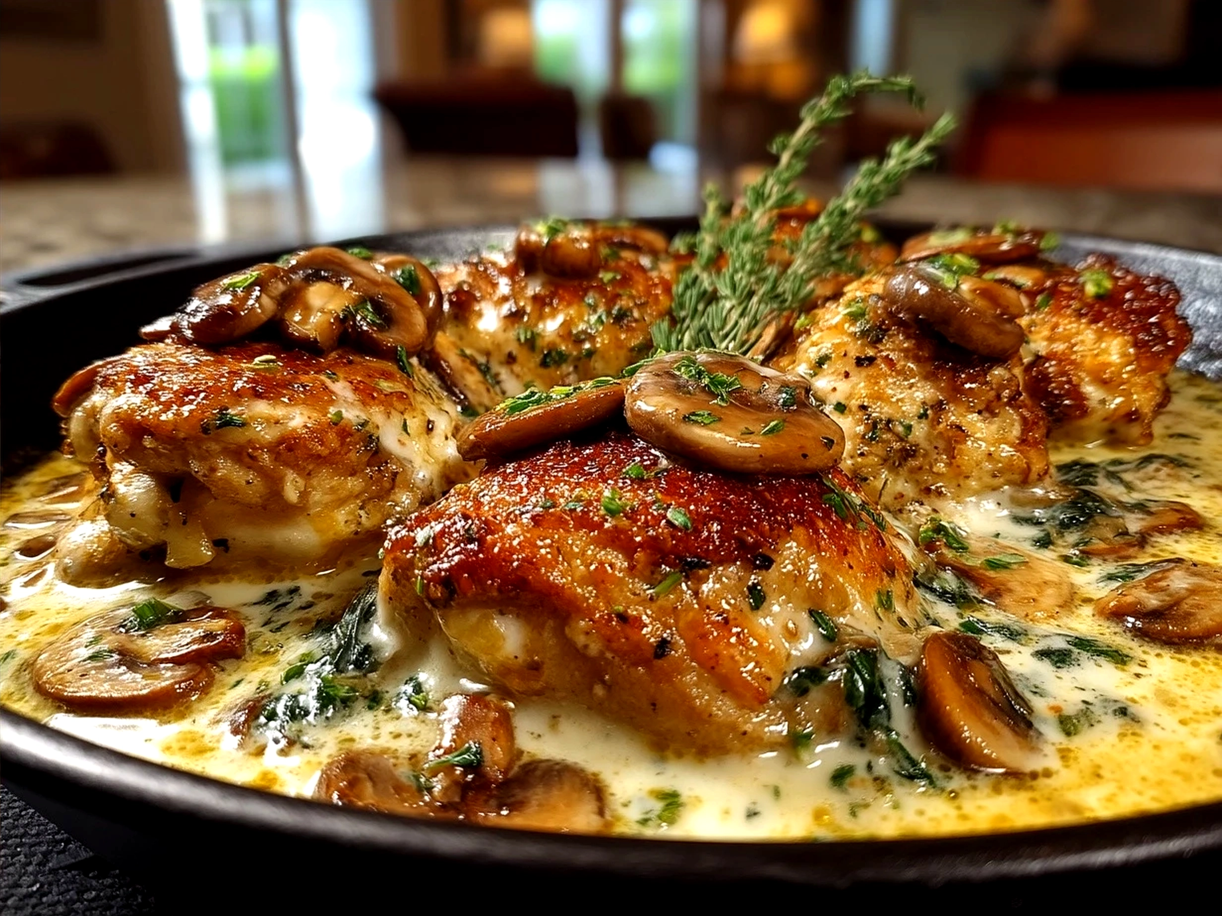 Served One-Pan Creamy Parmesan Garlic Mushroom Chicken over a bed of pasta with garnish