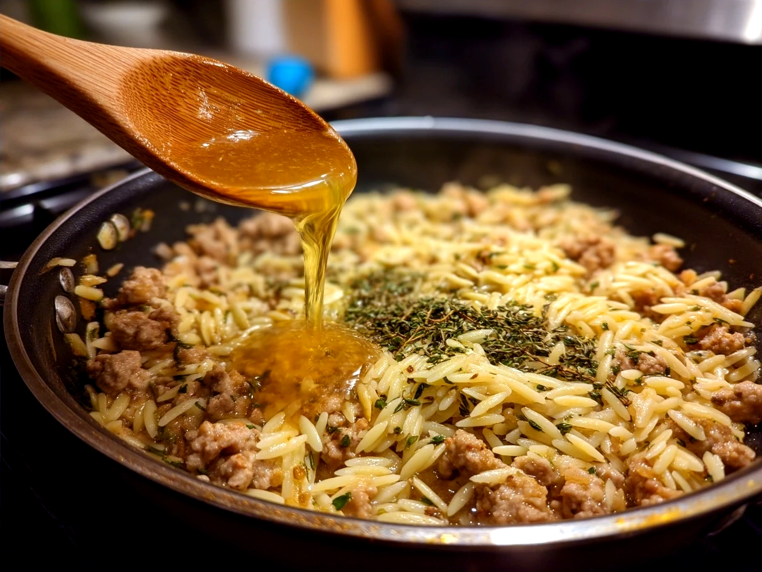 Bowl of freshly made One-Pot Ground Turkey Orzo garnished with Parmesan cheese and herbs