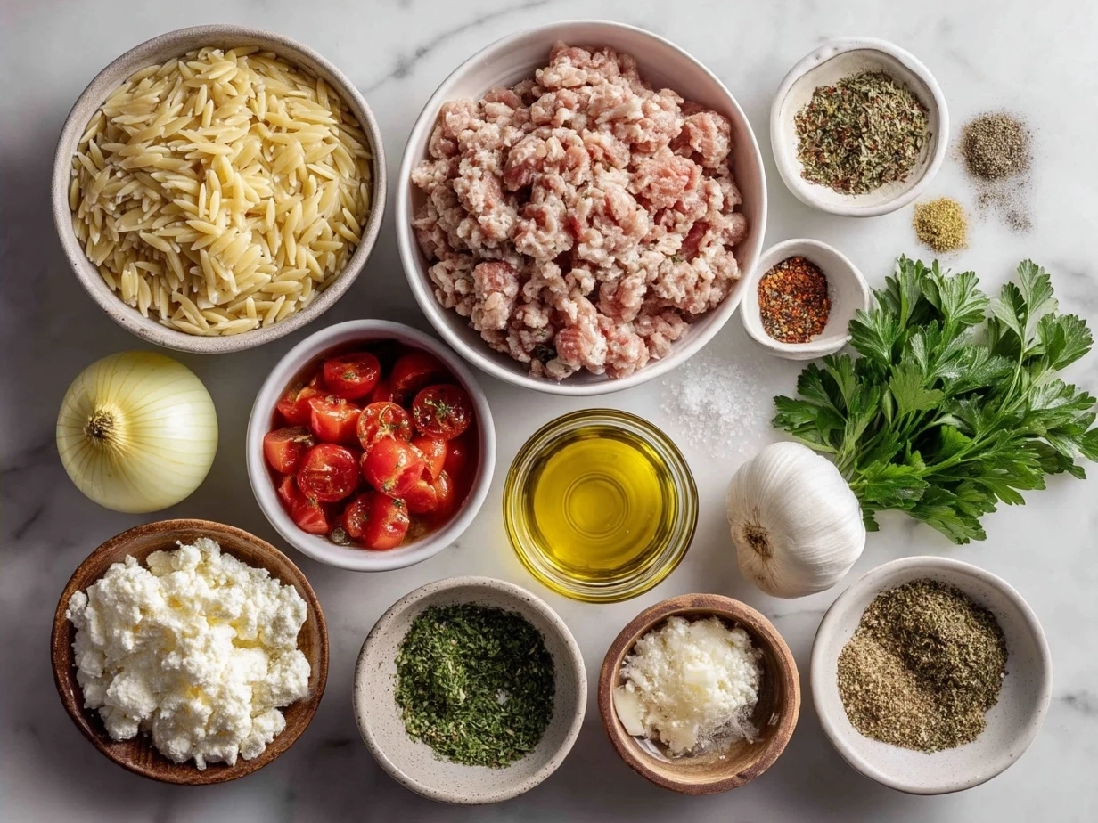 Ingredients for One-Pot Ground Turkey Orzo laid out on a kitchen counter