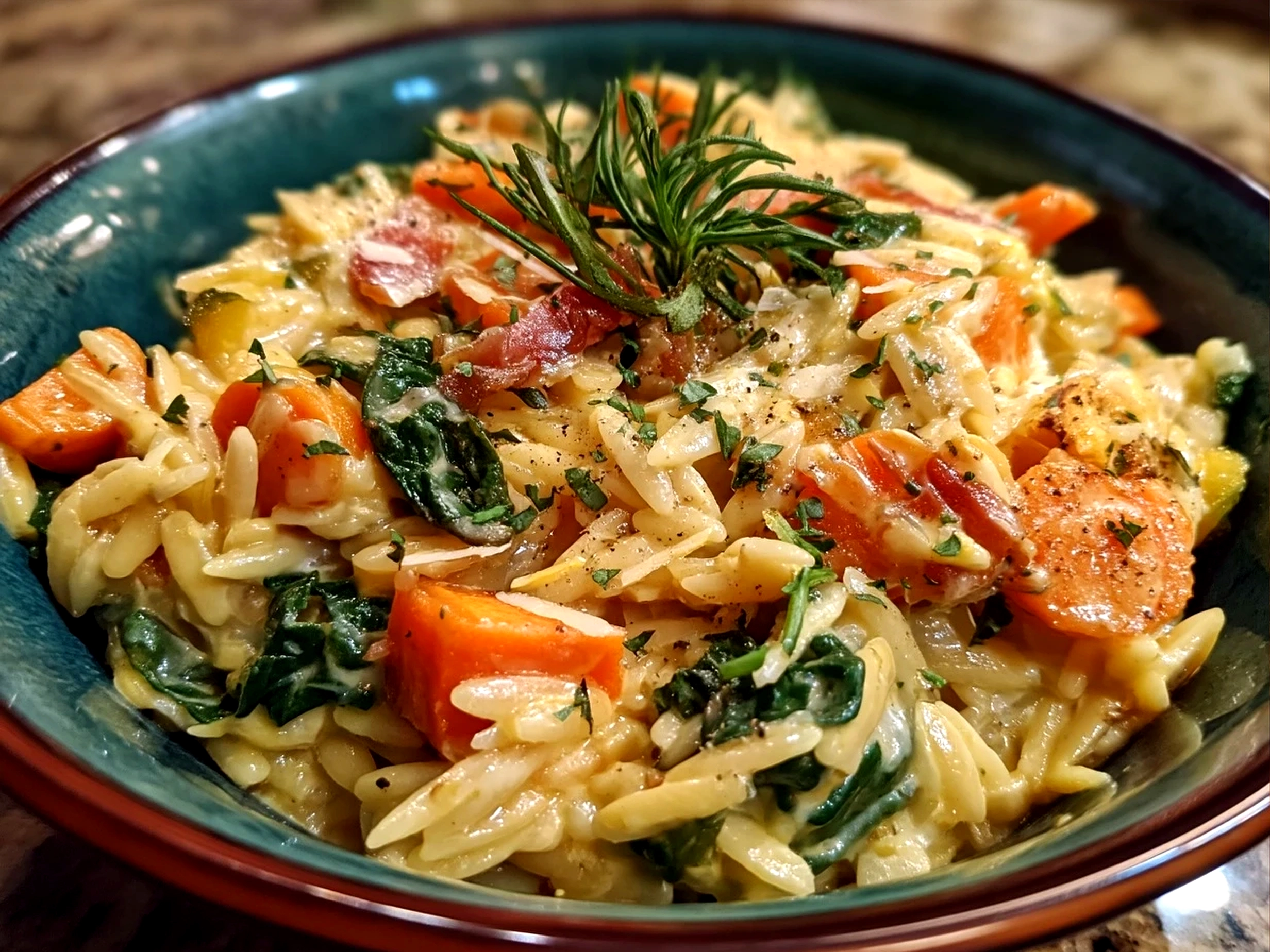 Serving suggestion of One-Pot Veggie Cream Orzo with fresh parmesan and vegetables