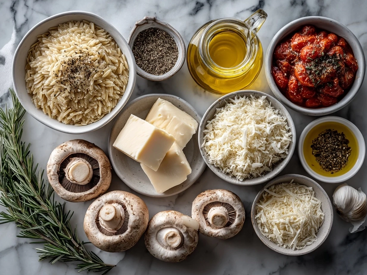 Ingredients for One-Pot Veggie Cream Orzo including orzo pasta, vegetable broth, milk, and fresh vegetables