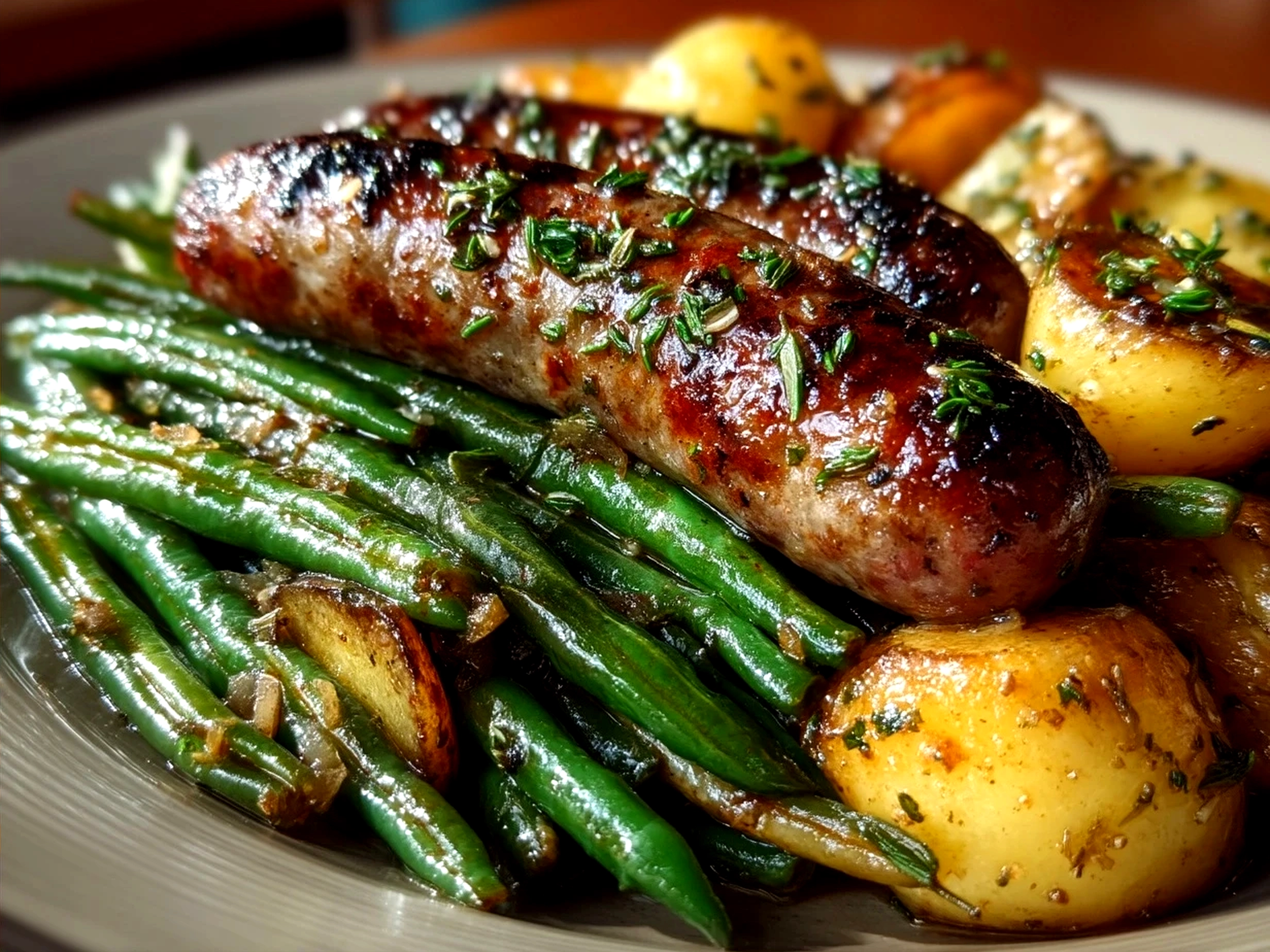 One Pan Sausage Green Beans and Potatoes served hot, showing sausage slices, roasted potatoes, and green beans