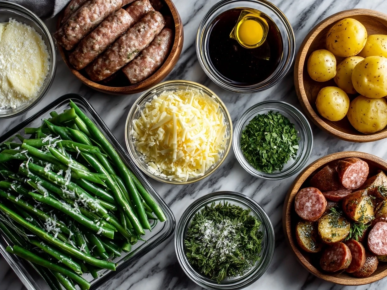 Ingredients for One Pan Sausage Green Beans and Potatoes including sausage, green beans, potatoes, and spices