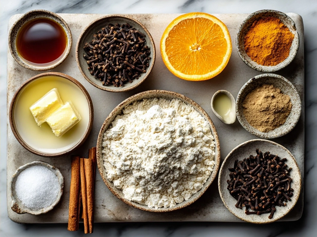 Ingredients laid out for homemade Orange Clove Cookies including flour, butter, sugar, egg, orange zest, and spices