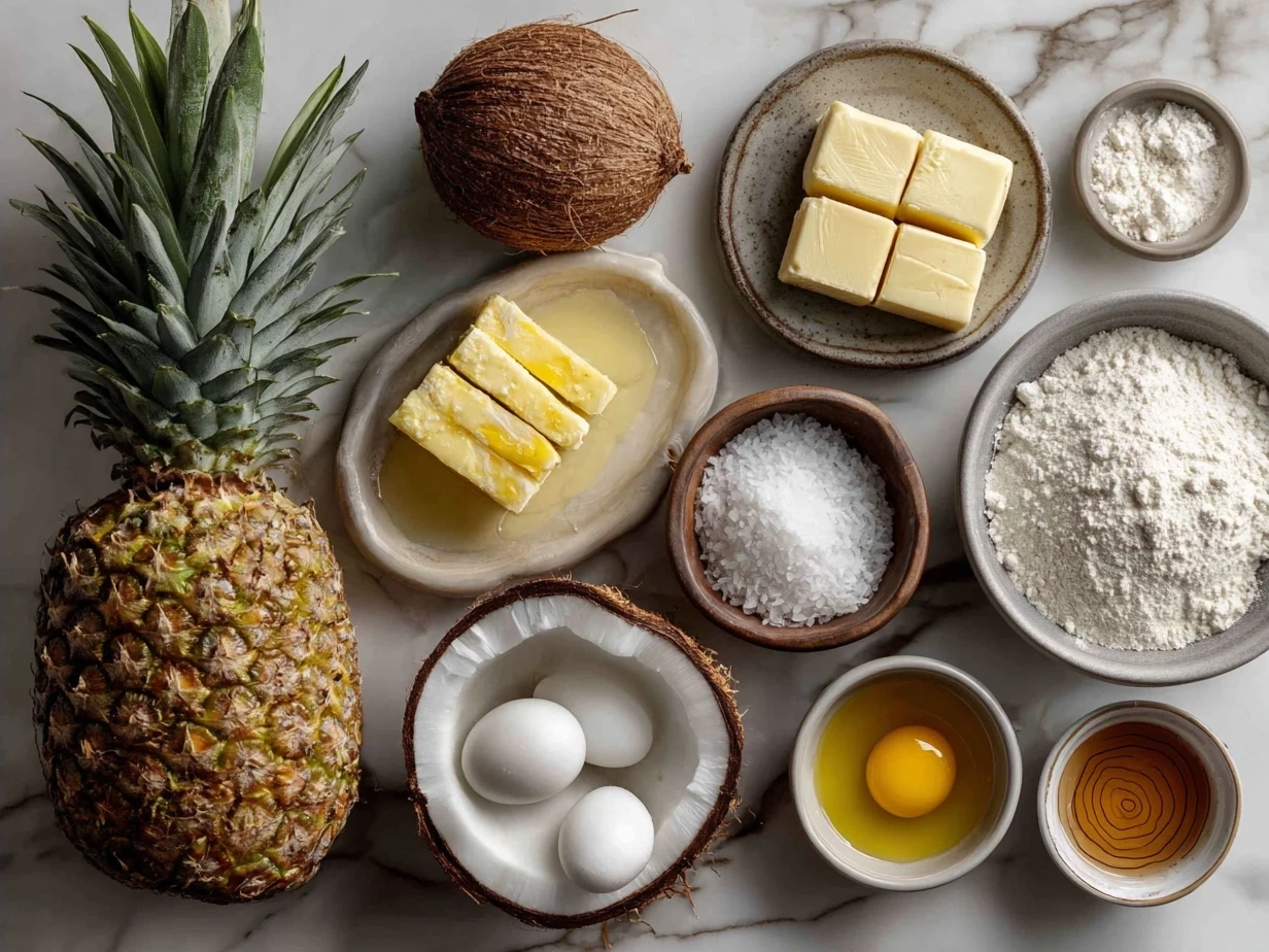 Ingredients for Pineapple Coconut Smoothie including pineapple chunks, coconut milk, shredded coconut, and lime