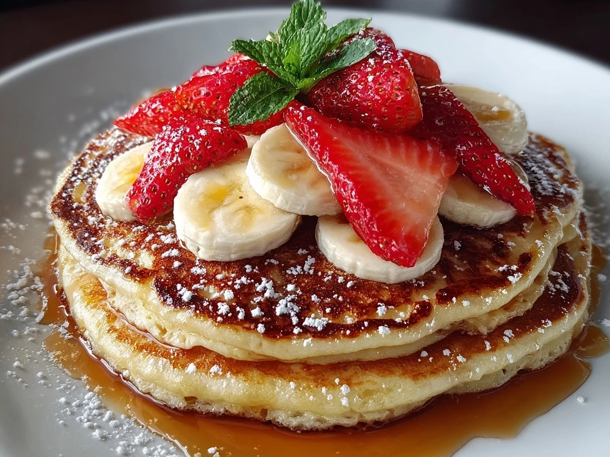 Stack of golden protein pancakes served with Greek yogurt and fresh berries
