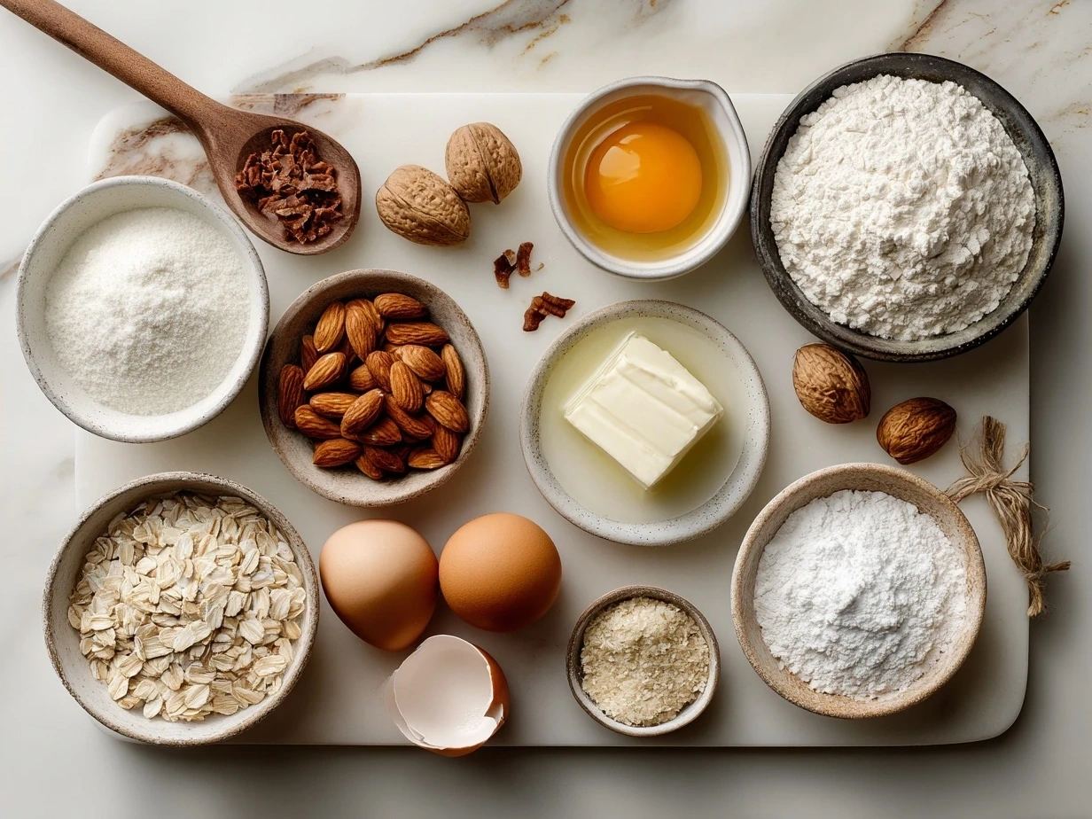 Ingredients laid out for protein pancakes including oats, protein powder, eggs, banana, and almond milk