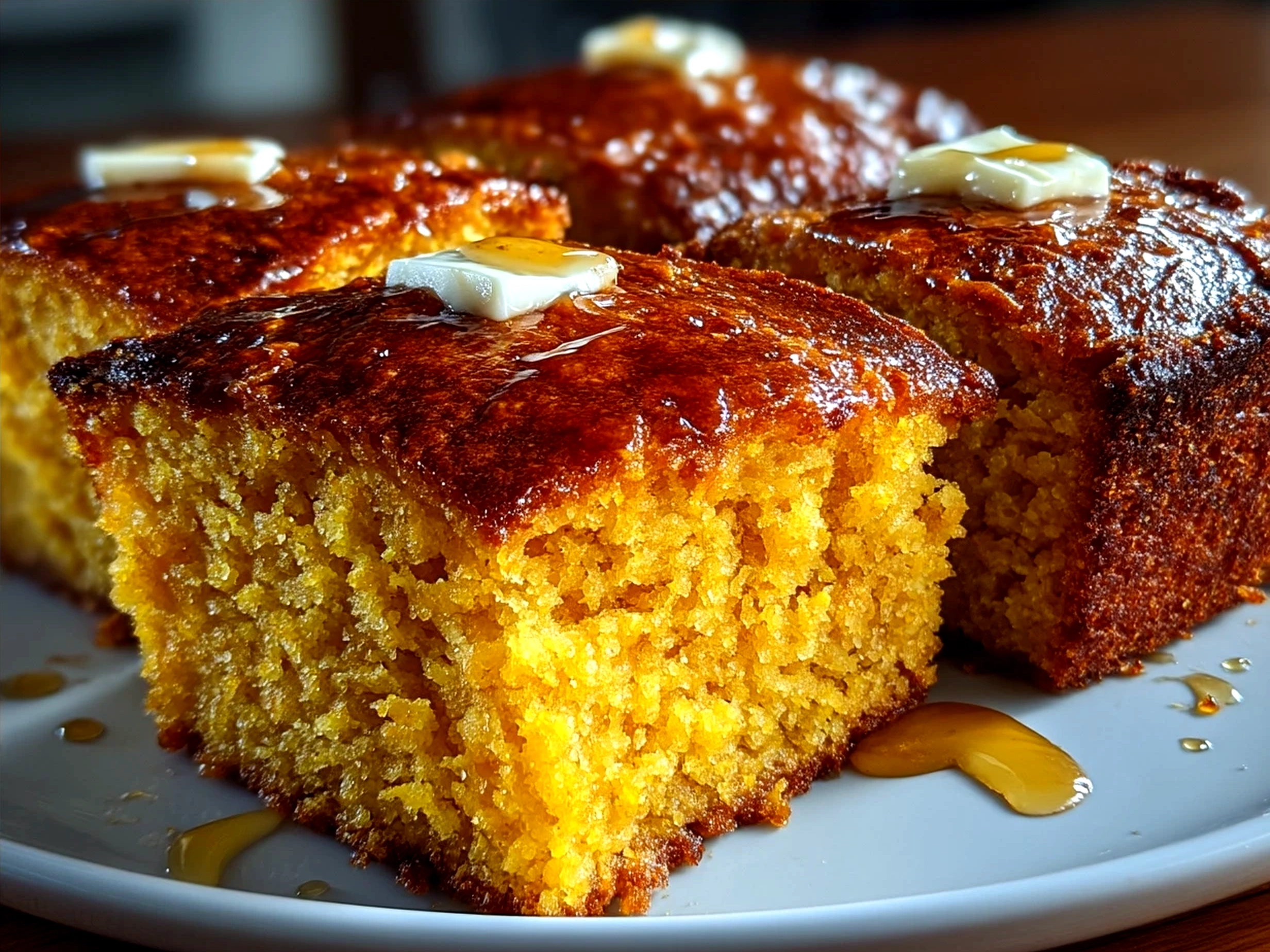 Warm slices of Pumpkin Cornbread with Cinnamon Honey Butter served on a plate