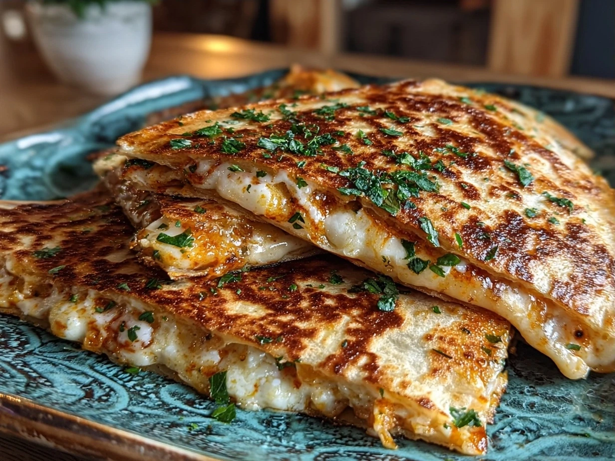 A stack of golden crispy pumpkin quesadillas wedges ready to serve