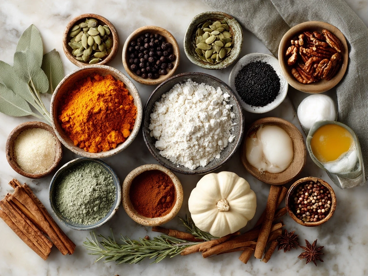 Ingredients for Pumpkin Quesadillas including pumpkin puree, shredded cheese, onions, garlic, spices, tortillas and olive oil