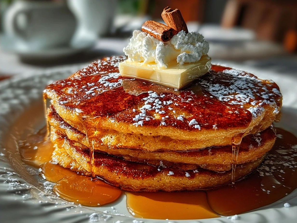 Stack of Pumpkin Spice Pancakes topped with butter and maple syrup