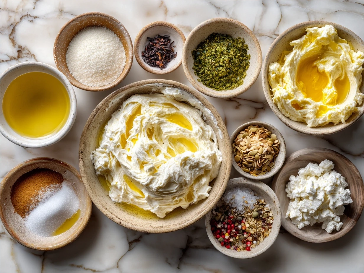 Ingredients for Pumpkin Whipped Feta Dip including feta cheese, pumpkin puree, cream cheese, olive oil, honey, garlic powder, smoked paprika, and fresh herbs