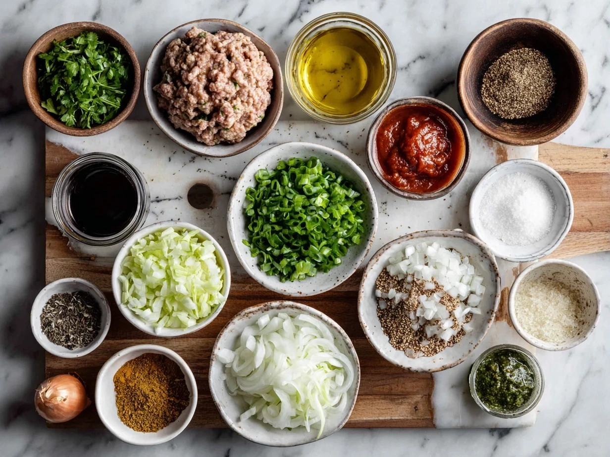 Raw ingredients for Turkey Burger Chili including ground turkey, spices, beans, and vegetables