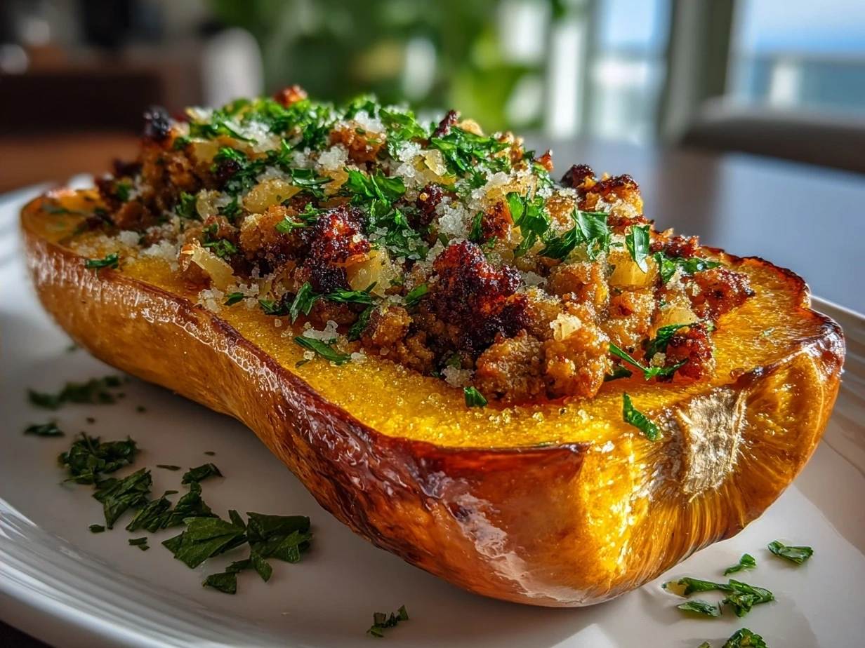 Serving of roasted butternut squash with ground turkey garnished with fresh herbs