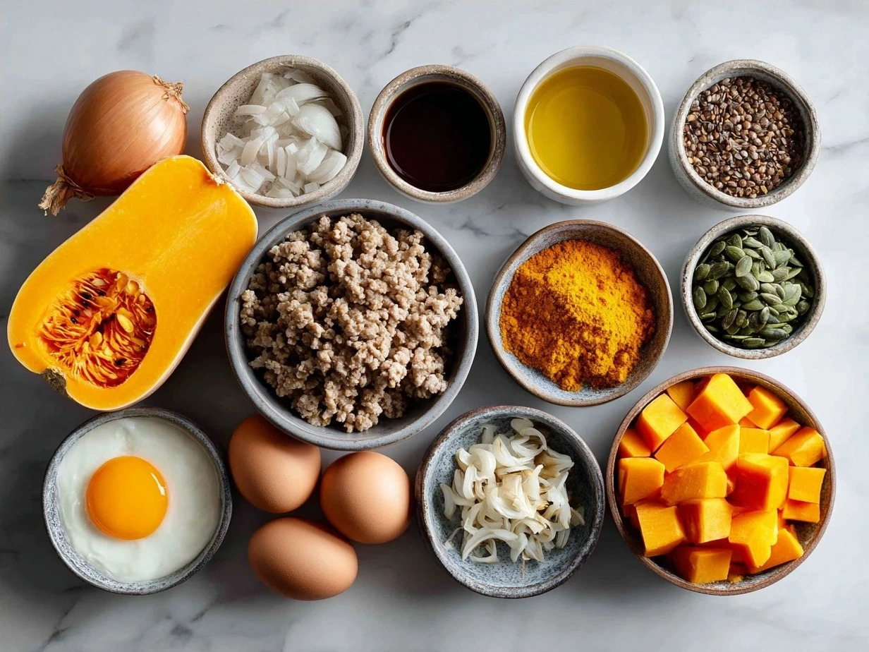 Ingredients for roasted butternut squash with ground turkey
