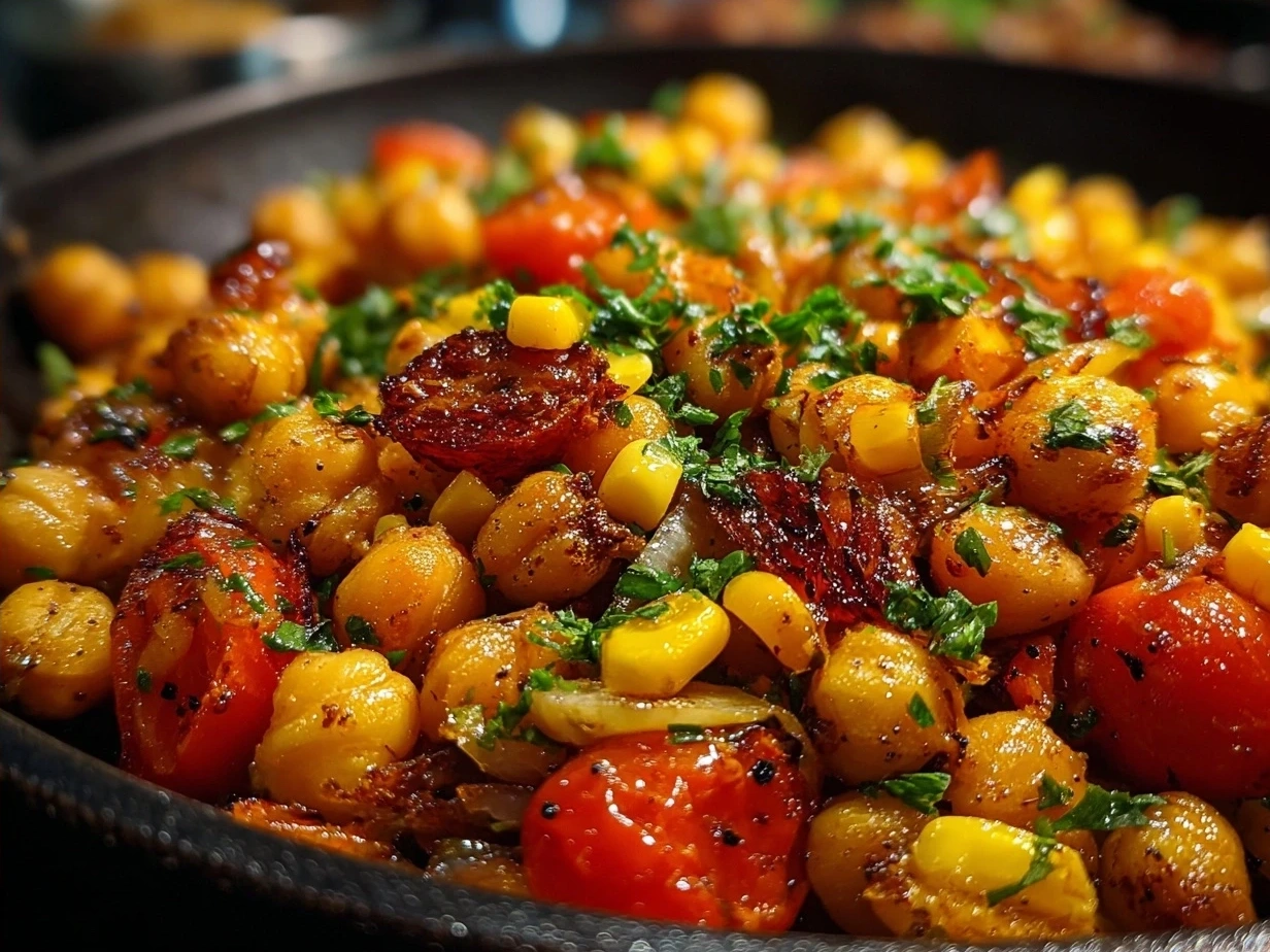 Serving suggestion of Roasted Chickpea Corn Mix in a colorful bowl garnished with fresh herbs