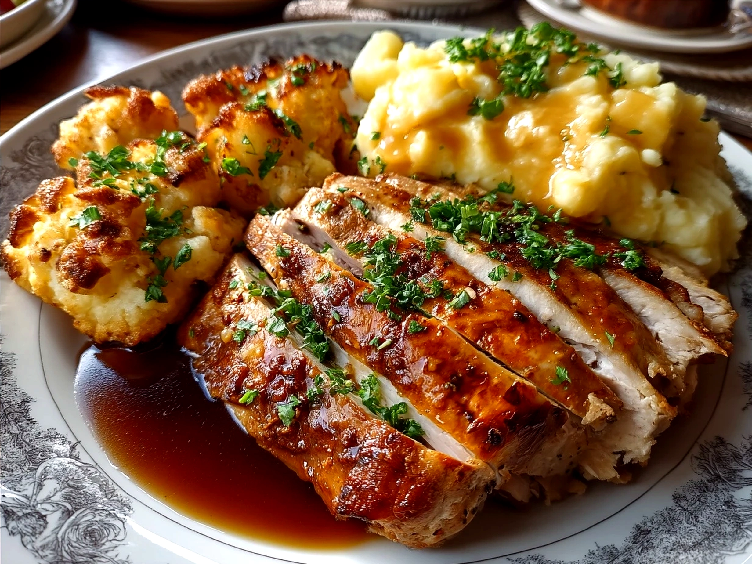 Plated roast turkey with side dishes ready to serve