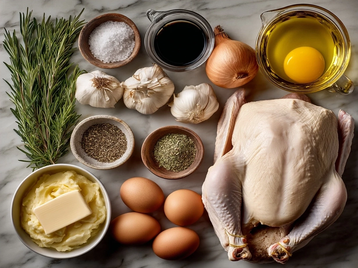 Ingredients for making roast turkey including butter, garlic, herbs, and turkey