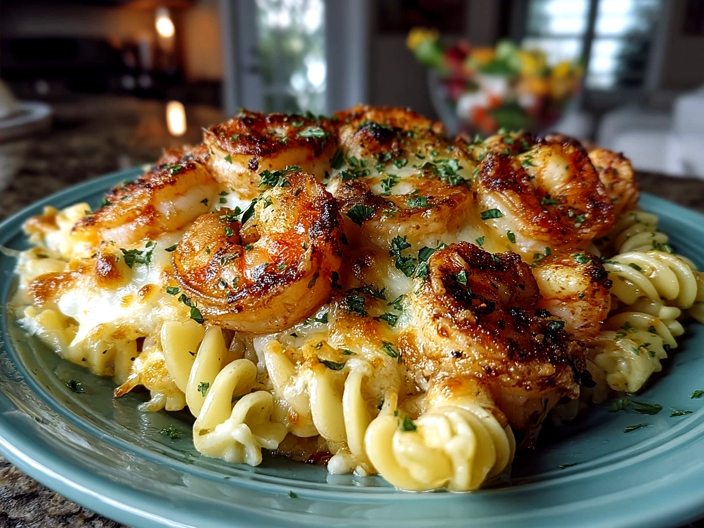 Served Shrimp Scampi Pasta Bake with fresh parsley garnish