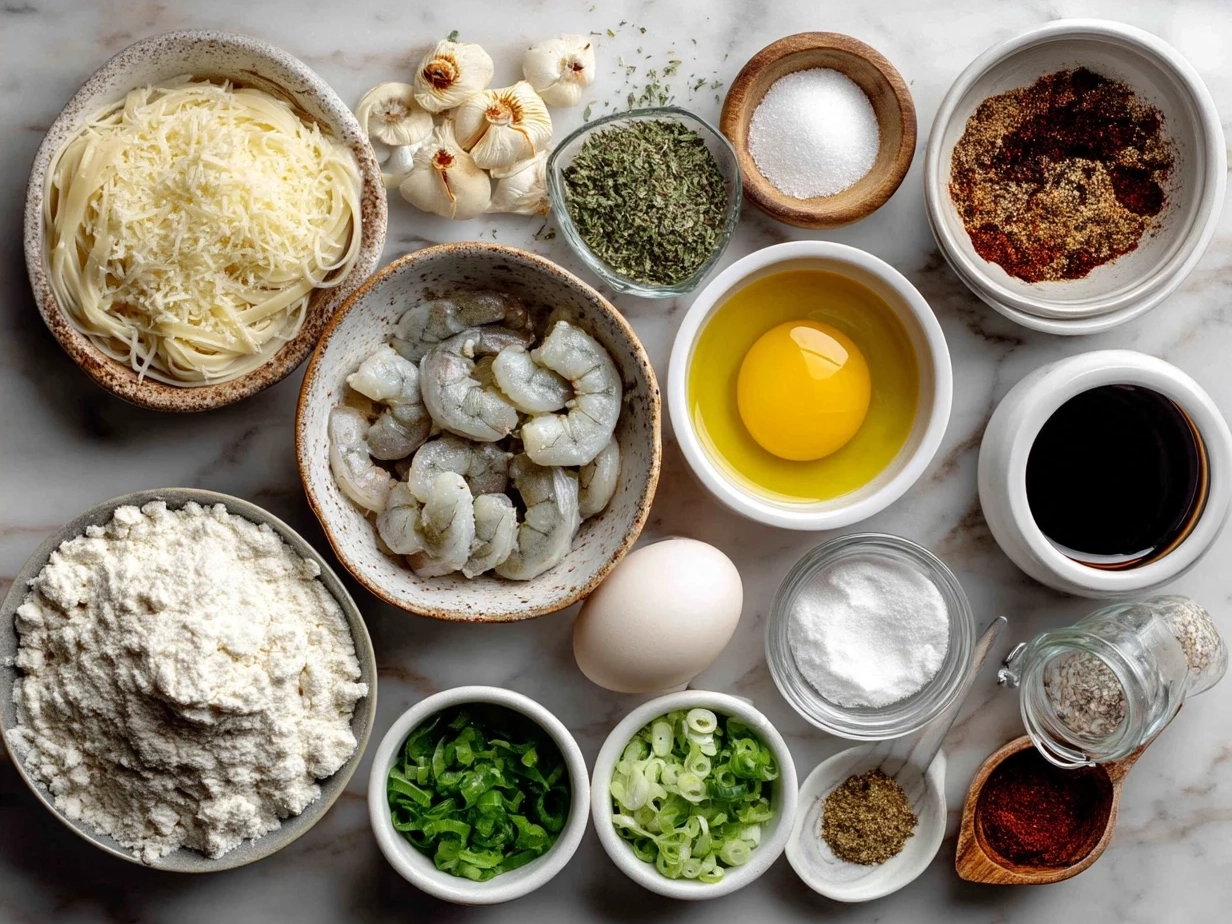 Ingredients for Shrimp Scampi Pasta Bake laid out on a table