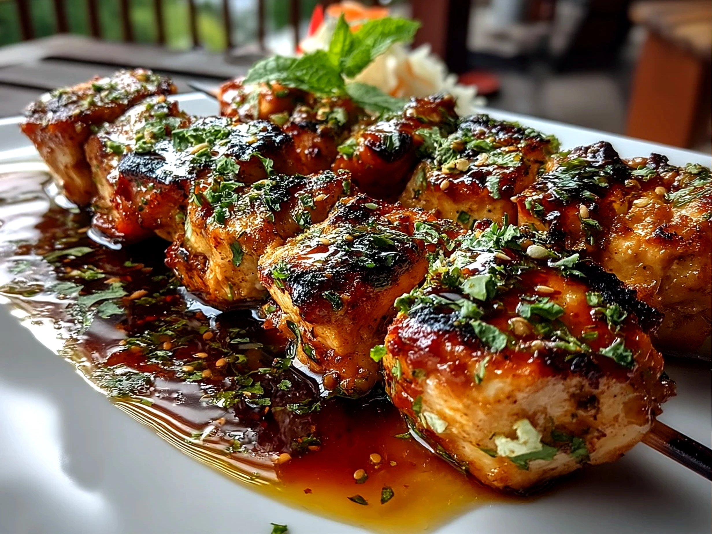 Close-up of finished Bang Bang Chicken Skewers garnished with green onions and sesame seeds