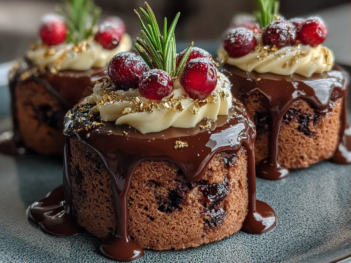 Slight angle close-up of finished Festive Mini Christmas Cakes with Ganache