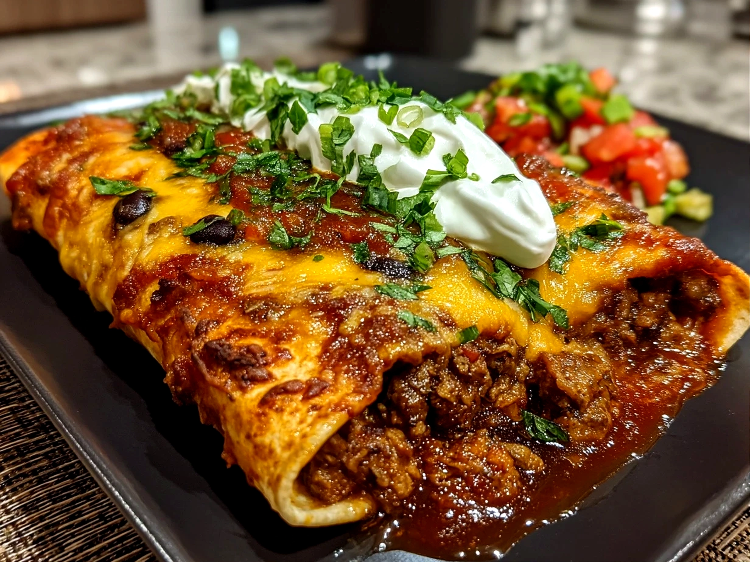 Finished ground turkey black bean enchiladas in a baking dish with melted cheese