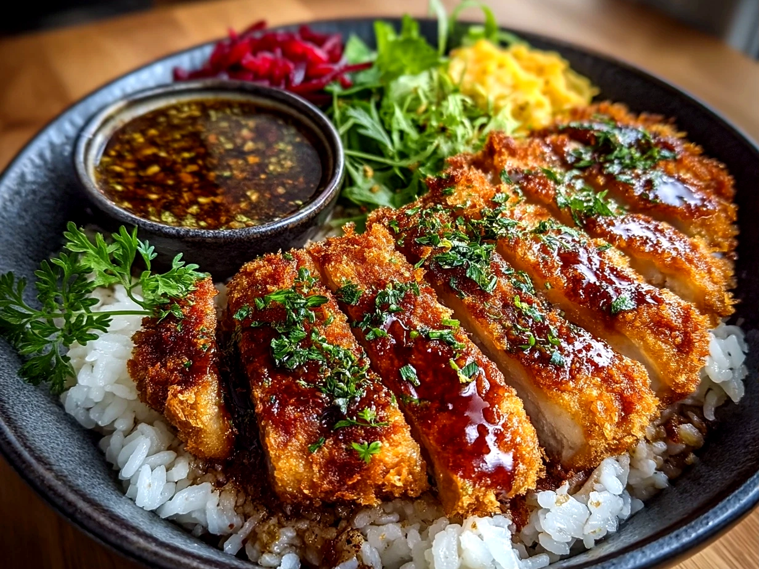 Close up of finished Japanese Katsu Bowl with garnishes