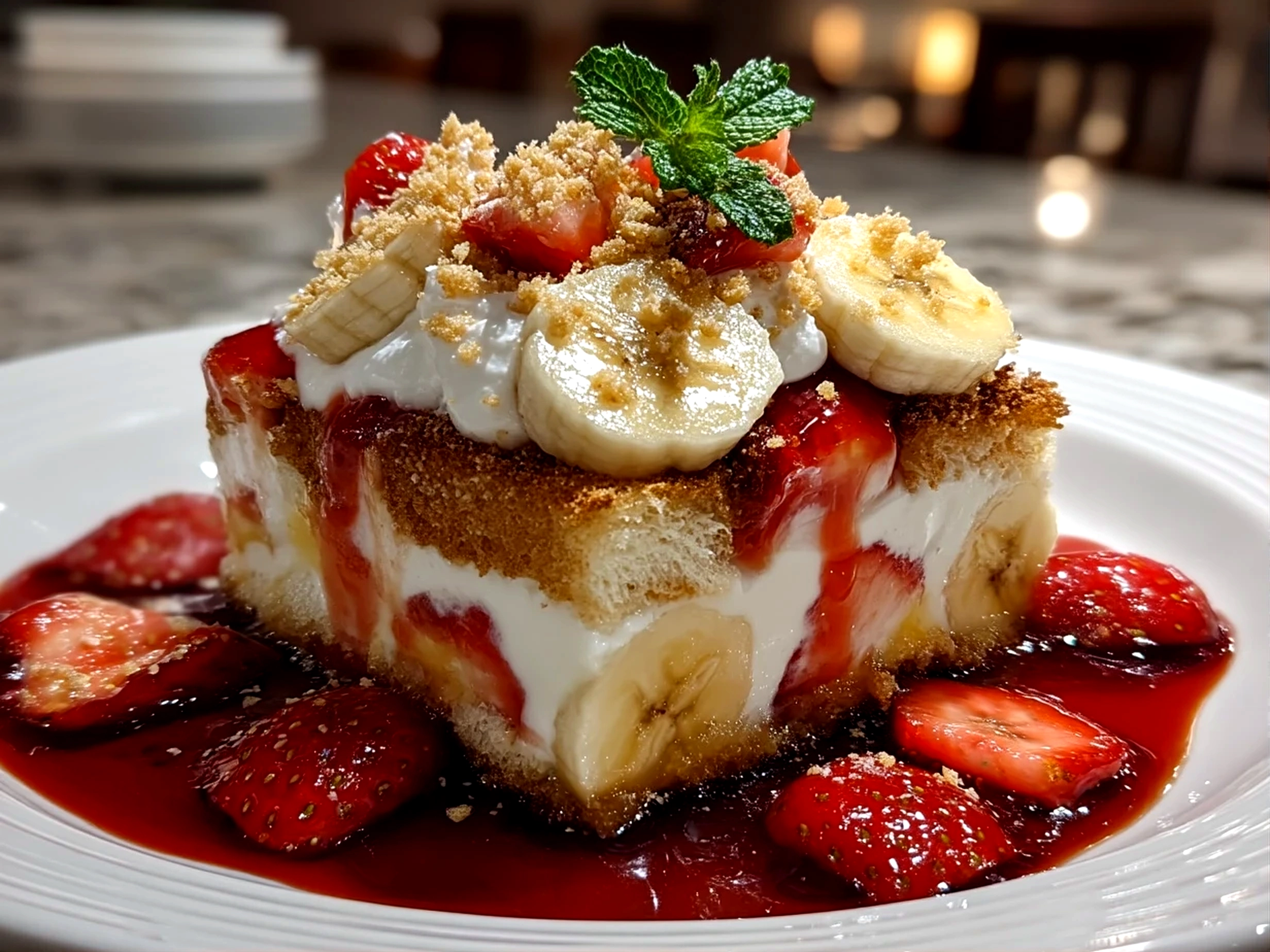 Slight angle close-up of finished strawberry banana pudding dream dessert