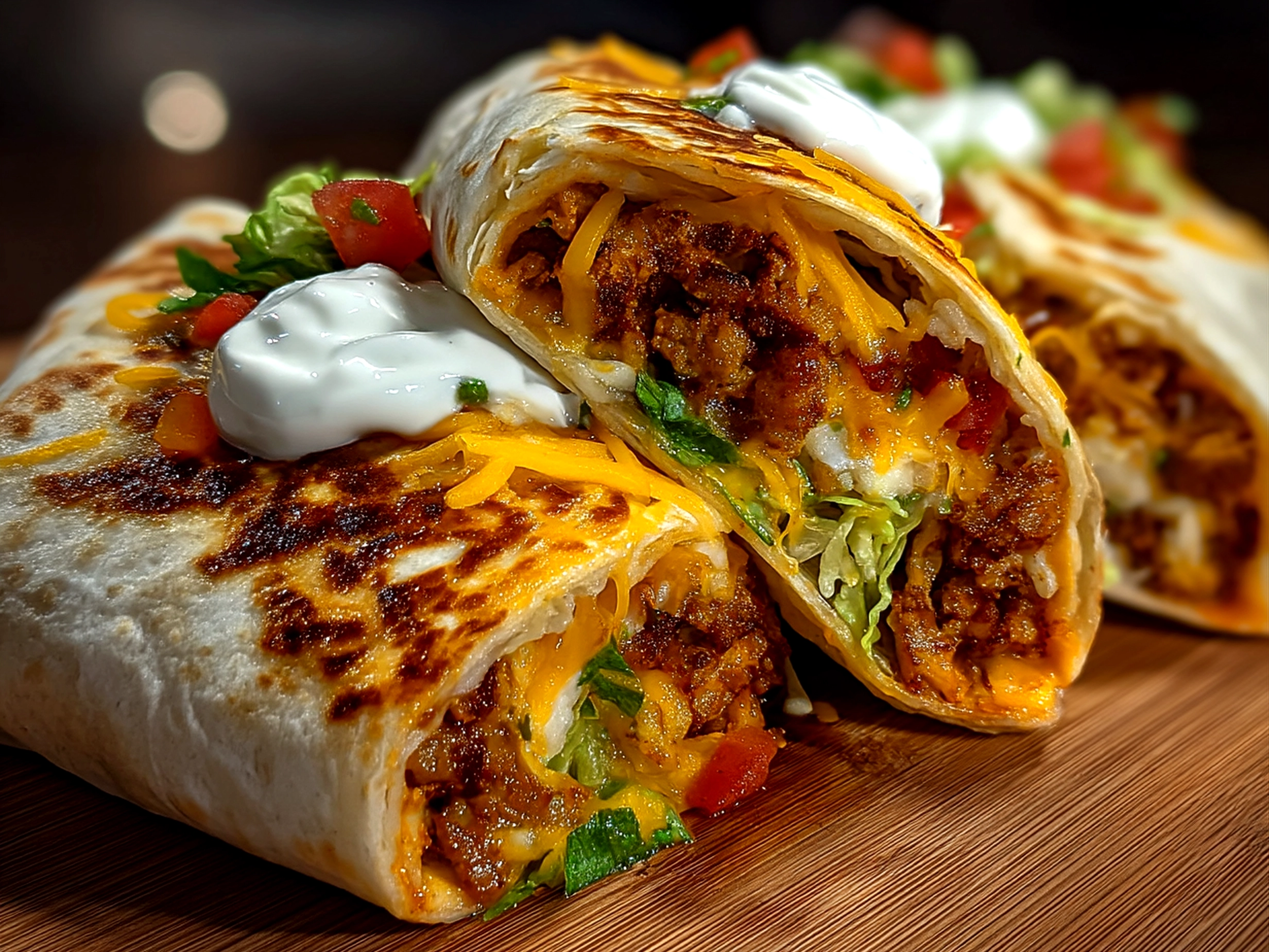 Slight angle close up of finished Vegan Crunchwrap Supreme on plate