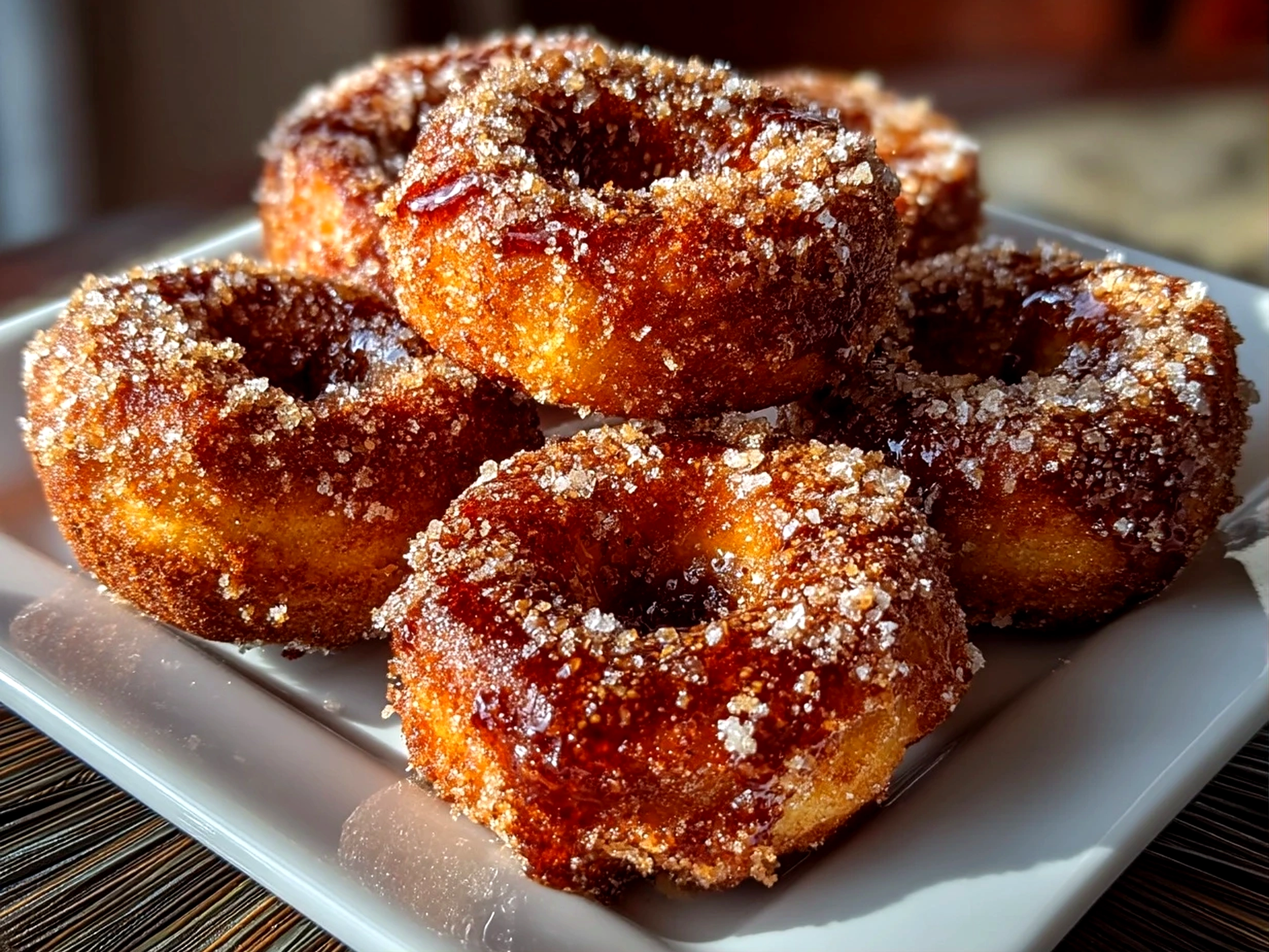 Slight angle close up of finished apple cider donuts