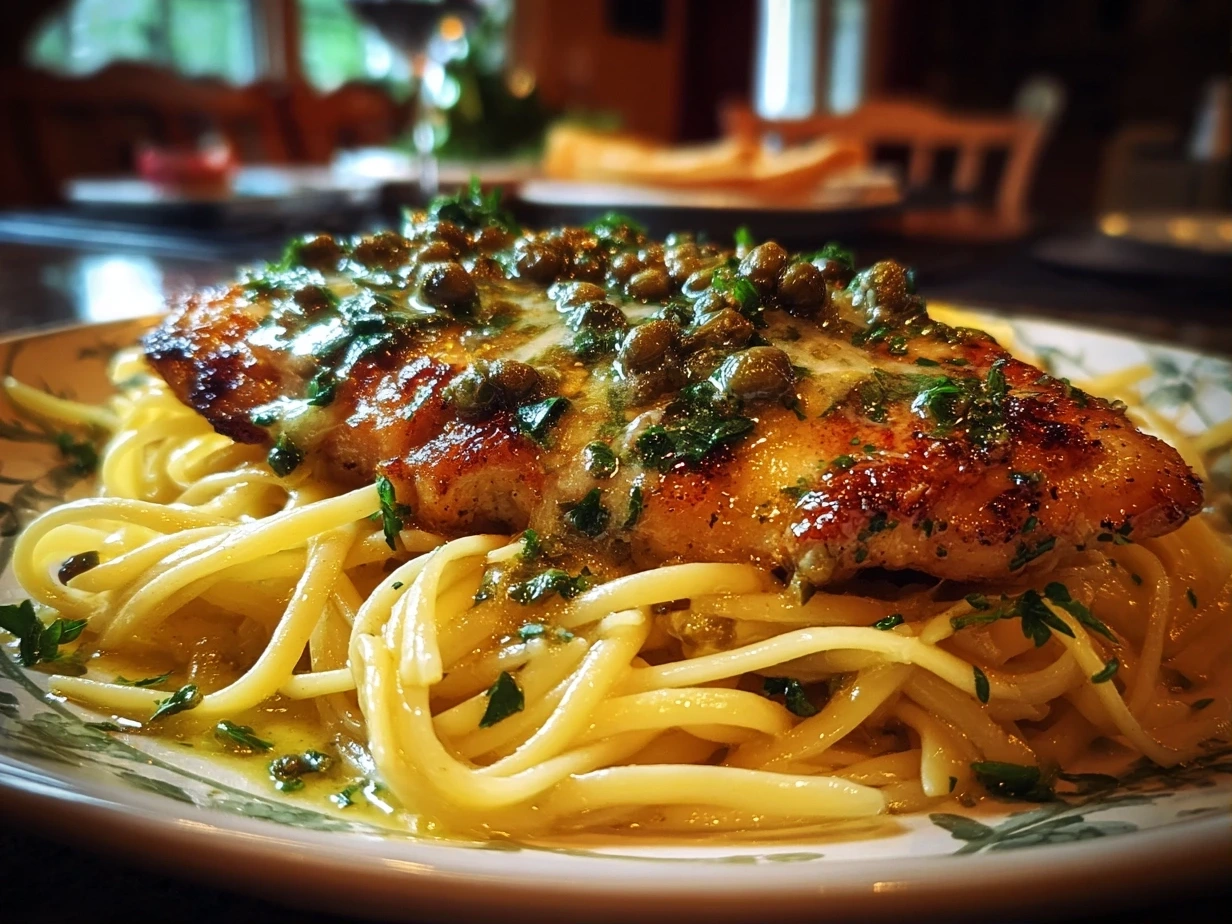 Close-up of finished chicken piccata pasta with lemon, parsley, and capers