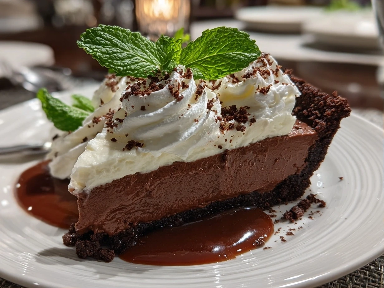 Slight angle close-up of finished Chocolate Mint Pie showing creamy mint chocolate filling and chocolate crust