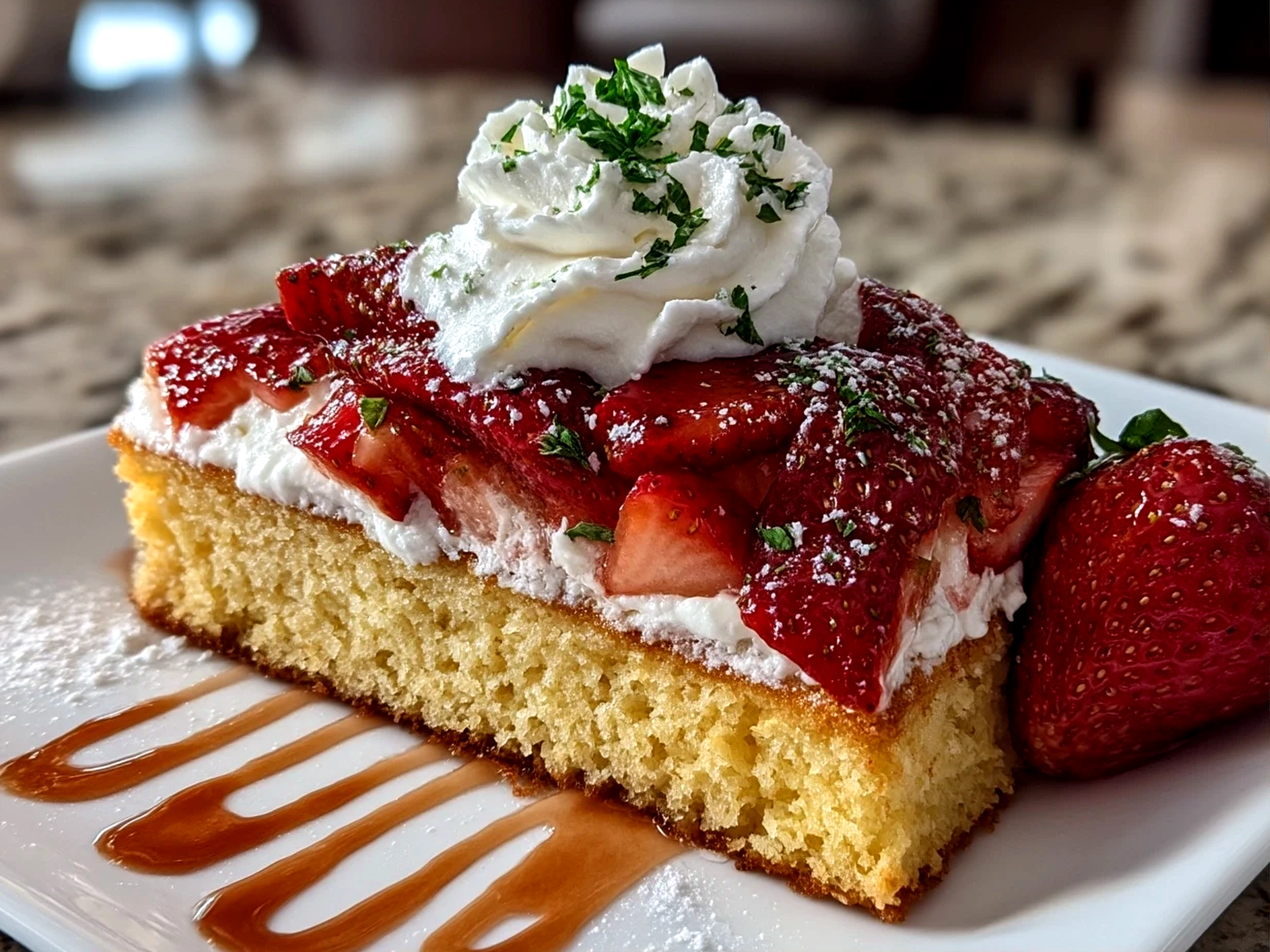 Close-up of comforting finished strawberry shortcake showing layers of biscuit, strawberries, and whipped cream