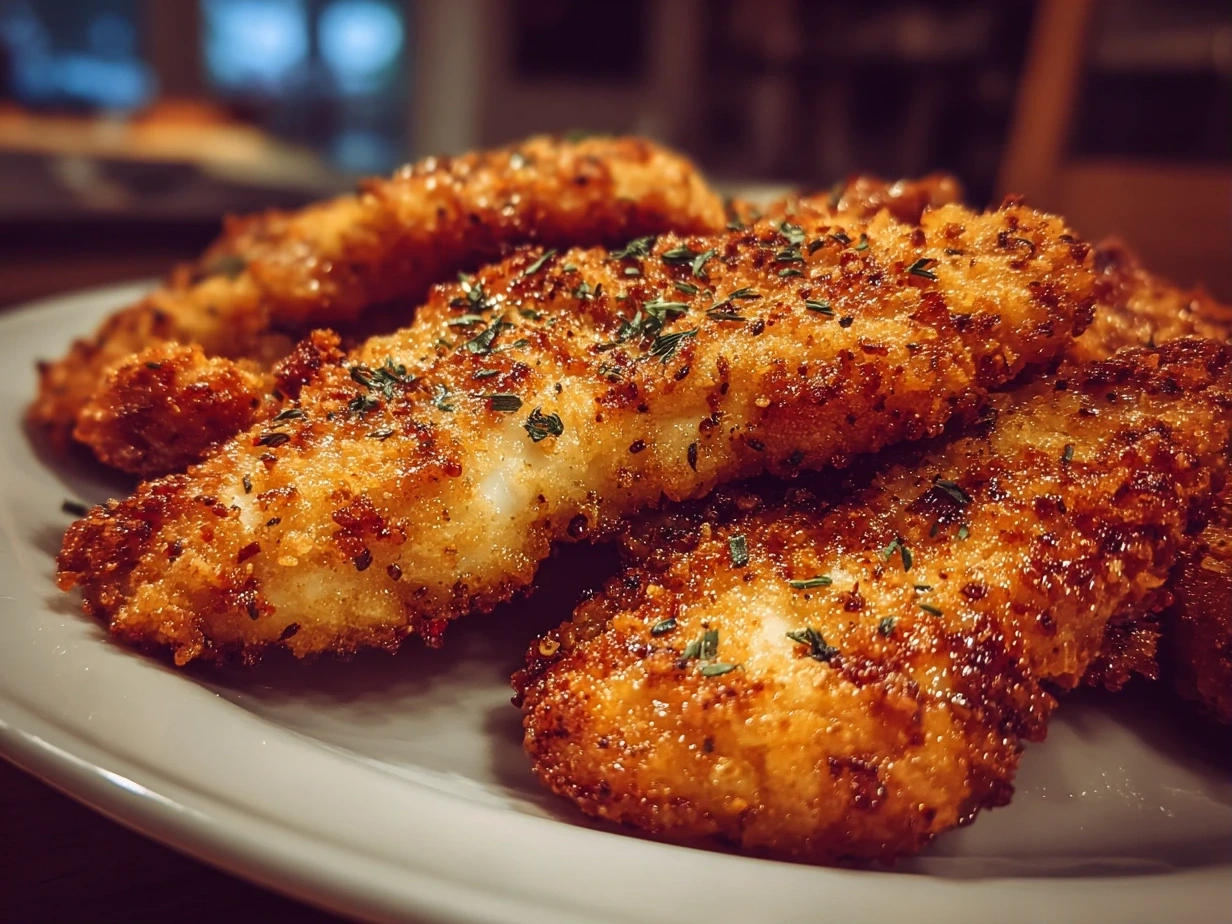 Close up of finished gluten free chicken tenders with crispy golden breading