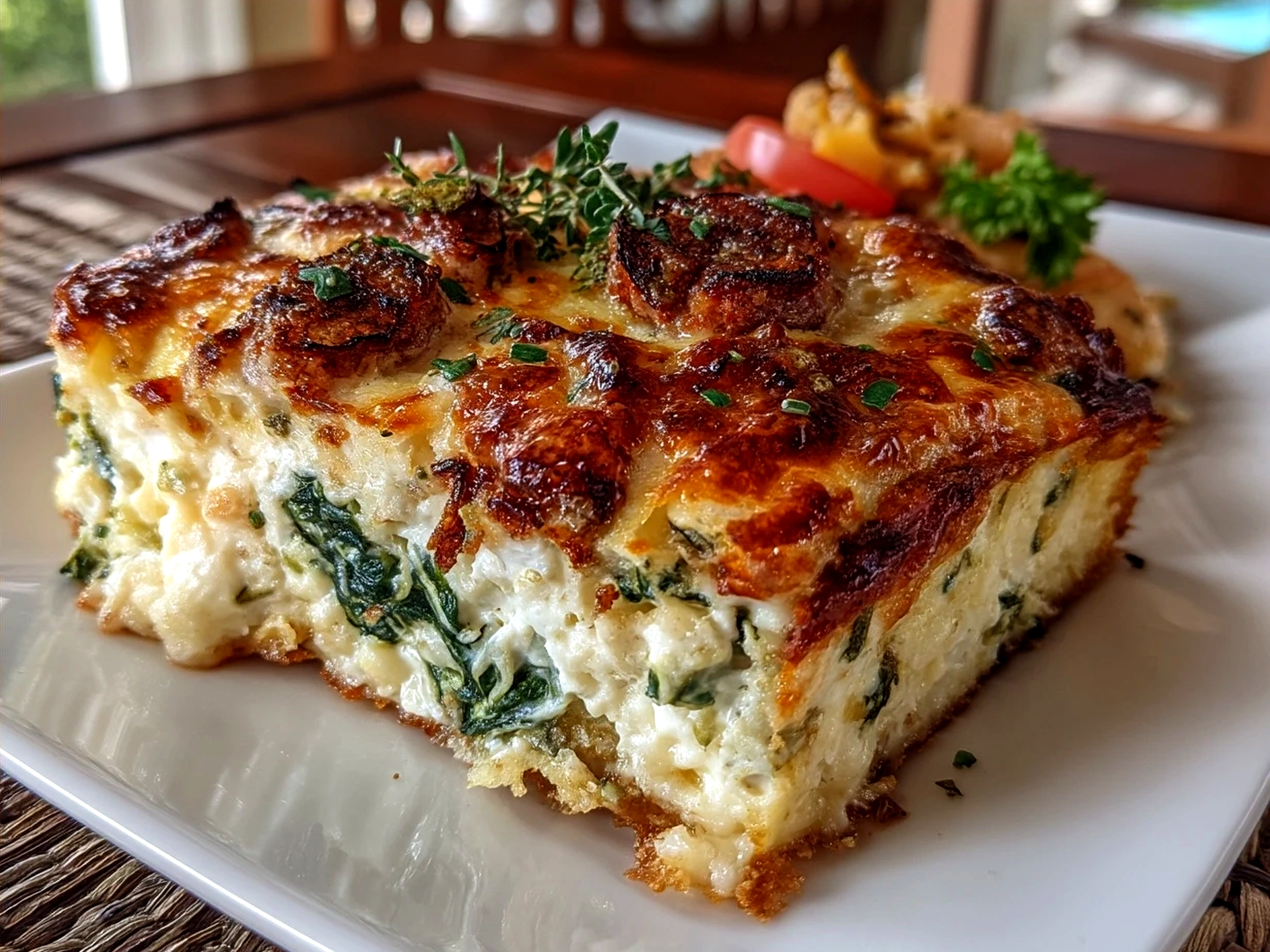 Baked spinach casserole served warm, golden brown on top, served on a plate ready to eat