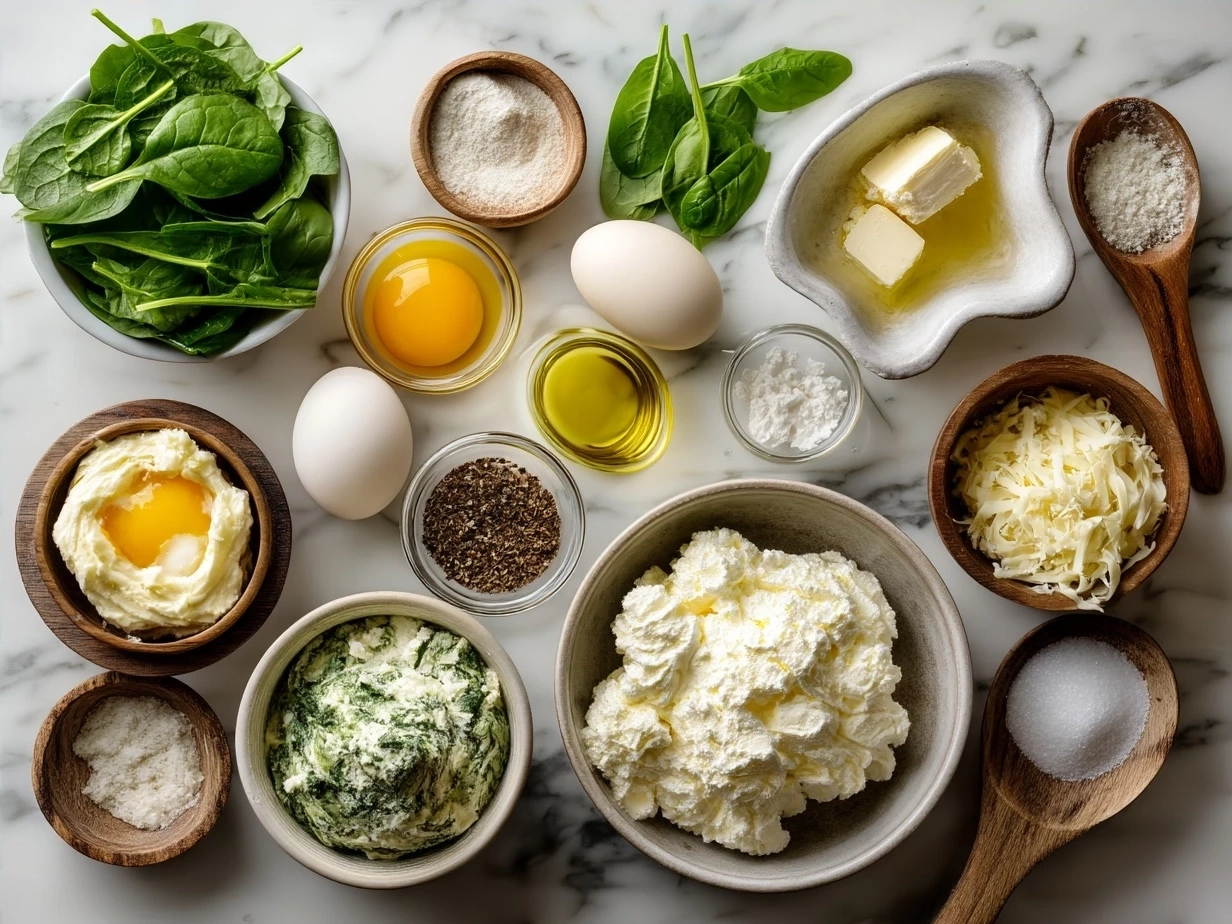 Ingredients laid out for a creamy spinach casserole including fresh spinach, cream cheese, shredded cheddar, onions, garlic, sour cream, and crackers