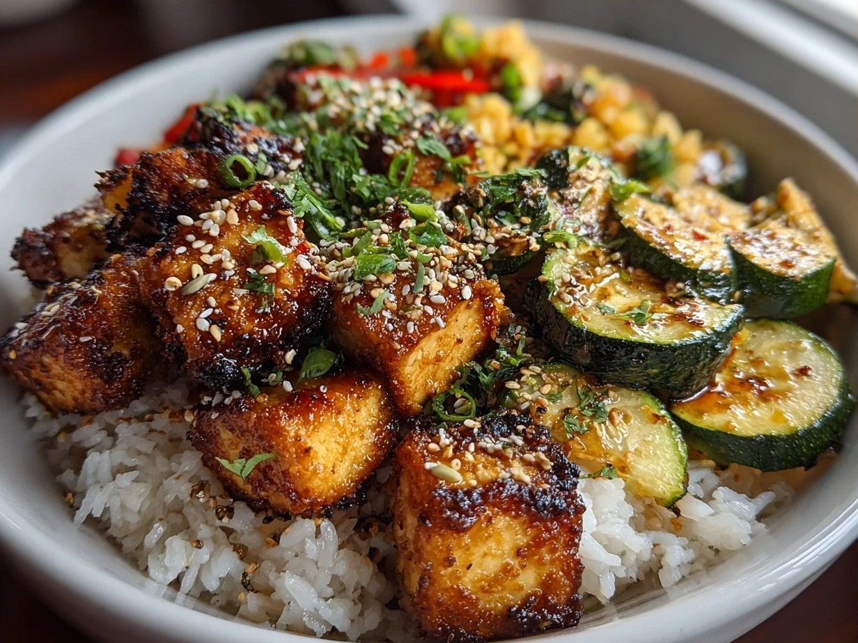 Final presentation of Sticky Tofu Bowls in a bowl with garnishes