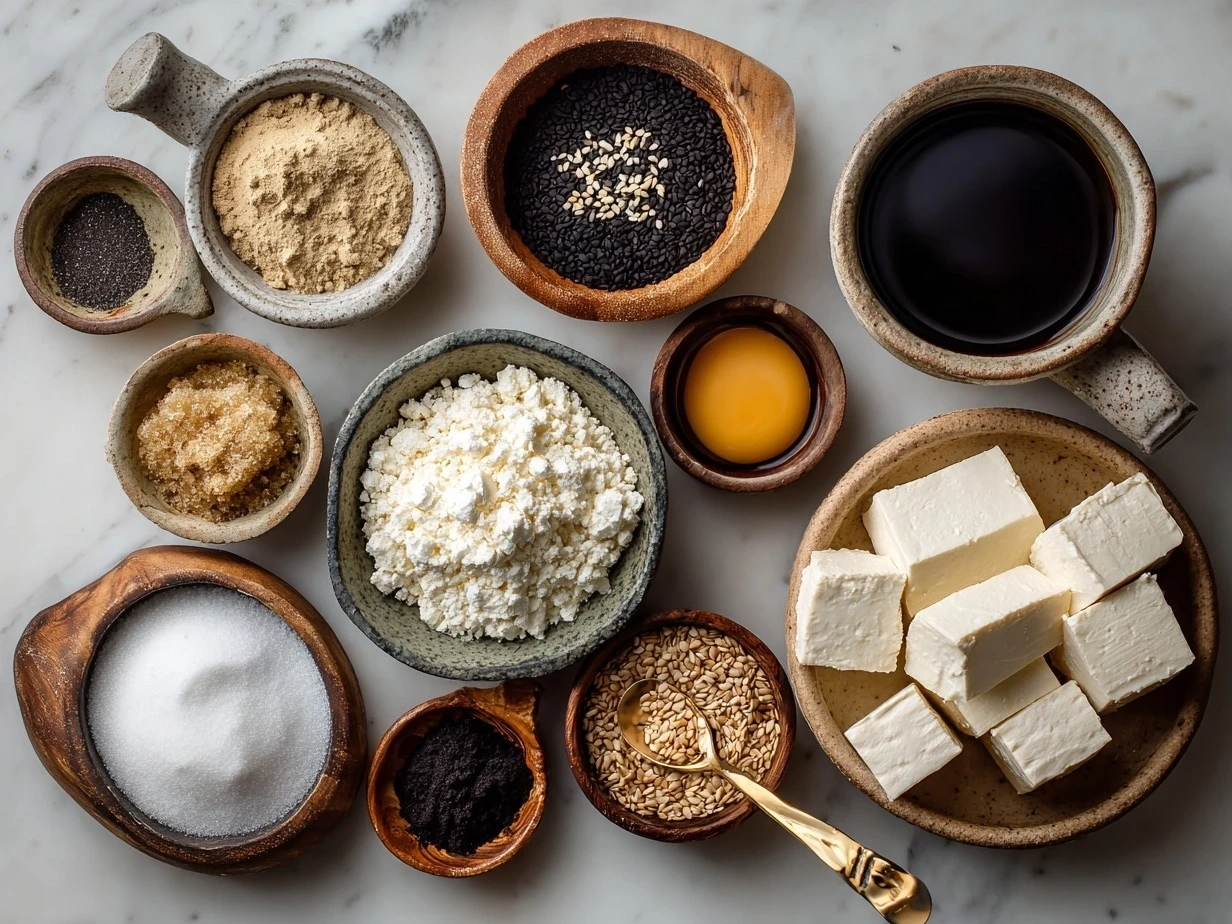 Ingredients for Sticky Tofu Bowls laid out on a table