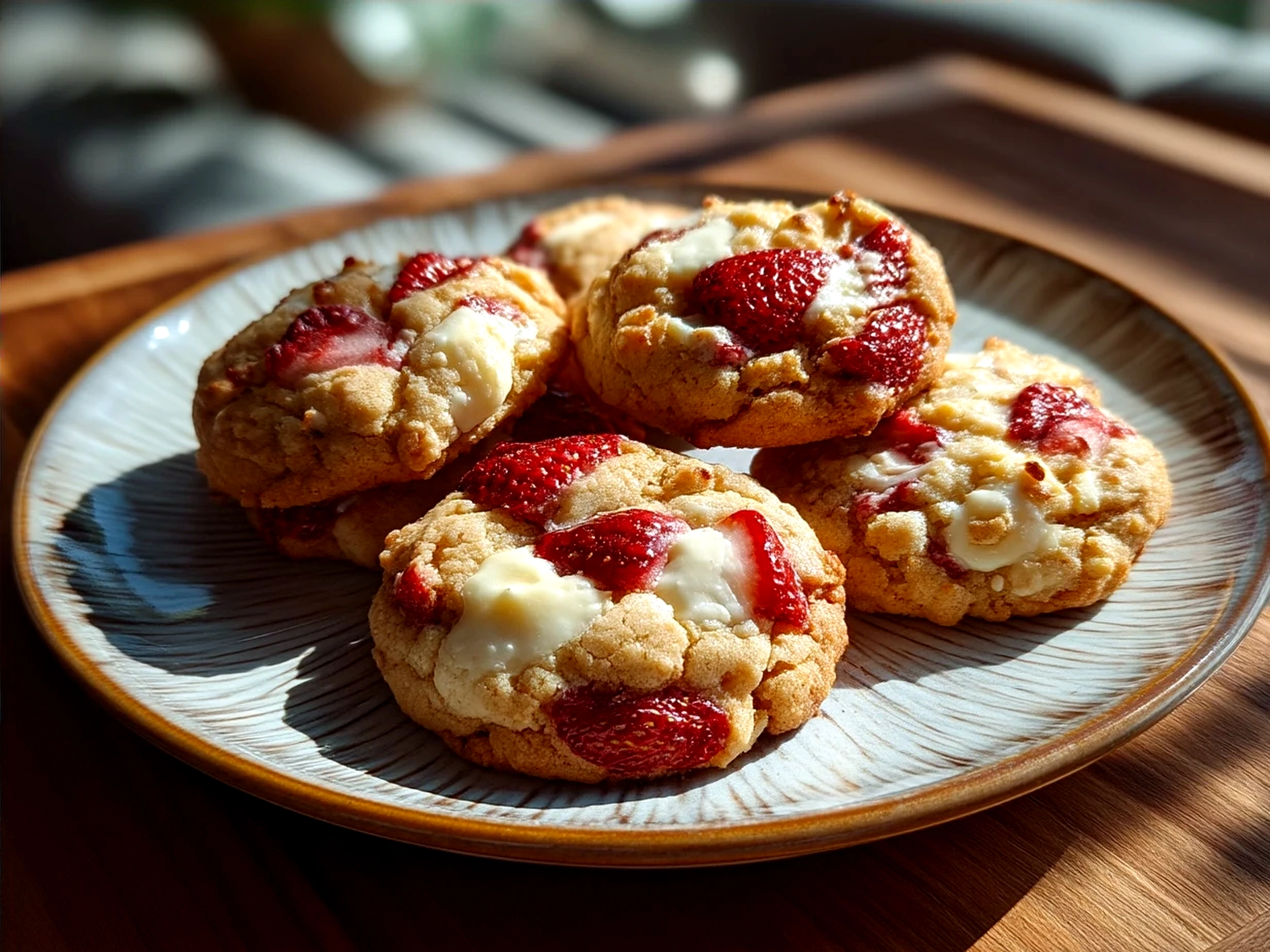 Served Strawberry Cheesecake Stuffed Cookies on a plate
