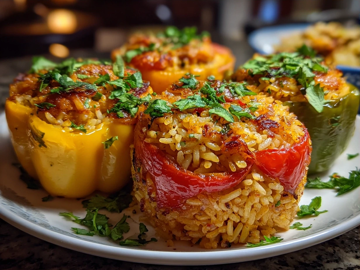 Finished Stuffed Bell Pepper Rice Boats with melted cheese on top